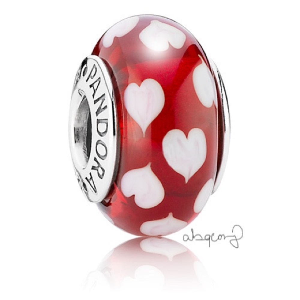 Pandora 790948 Silver Red Sweethearts Murano Glass Charm w/ Pink Hearts EUC